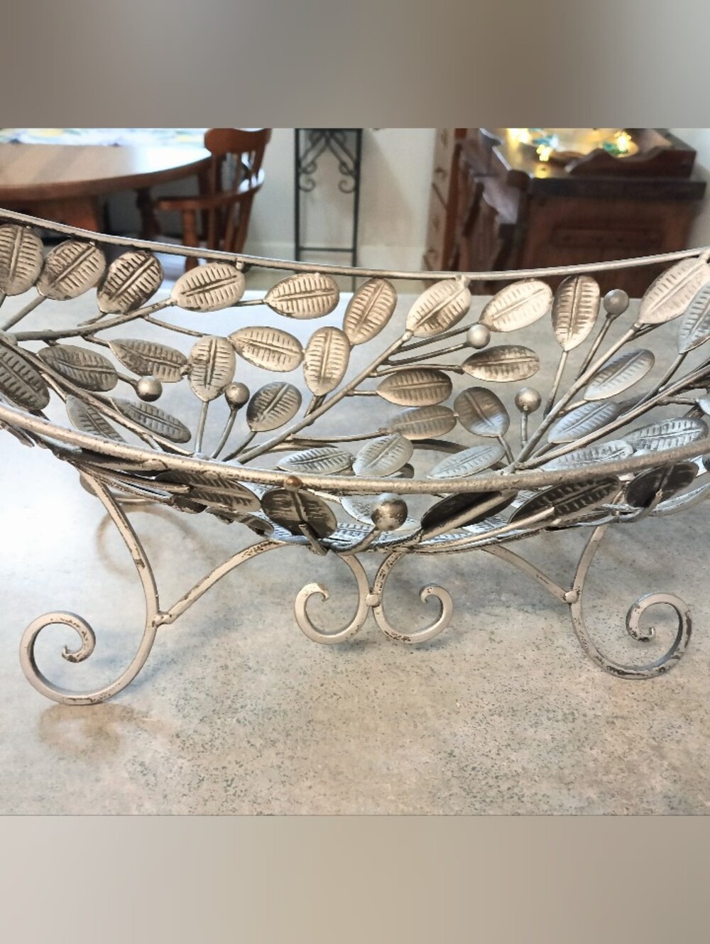 Vintage Wrought Iron Silver Leaf Large Oblong Raised Bowl (14 1/2" x 8"W)
